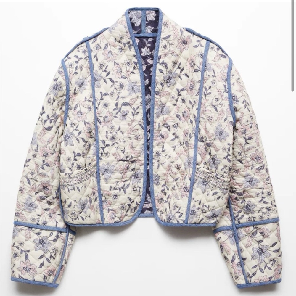 Mango Reversable Floral Quilted Jacket - Blue and Cream